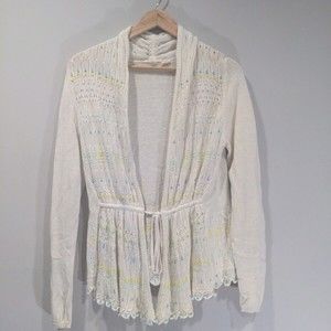 MOTH Women's Knit Beaded Cardigan Size M Anthropologie Cream Linen Cotton Flaw